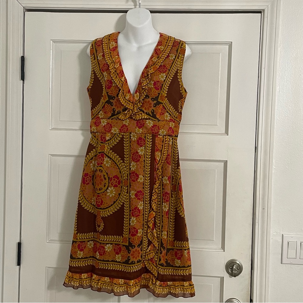 Anna Sui Marigold & Pink Floral Sleeveless V-Neck Dress‎